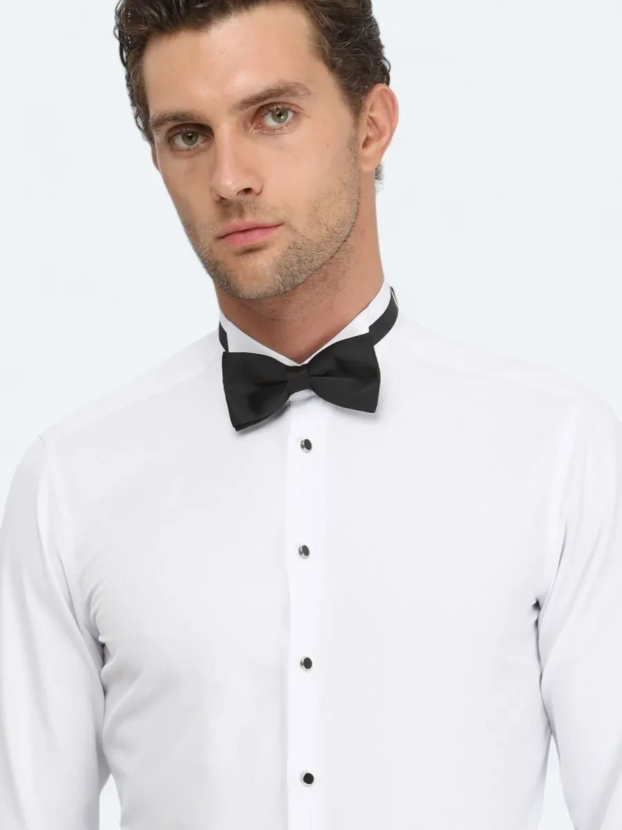 White Plain Slim Fit Double Cuff Wing Collar Tuxedo Shirts - 5