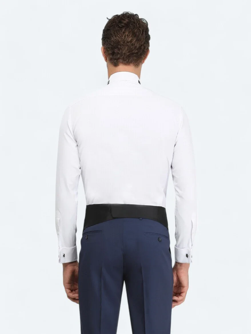 White Plain Slim Fit Double Cuff Wing Collar Tuxedo Shirts - 6