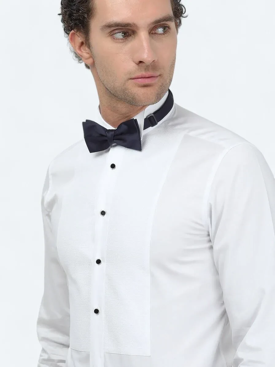 White Plain Slim Fit Double Cuff Wing Collar Tuxedo Shirts - 1