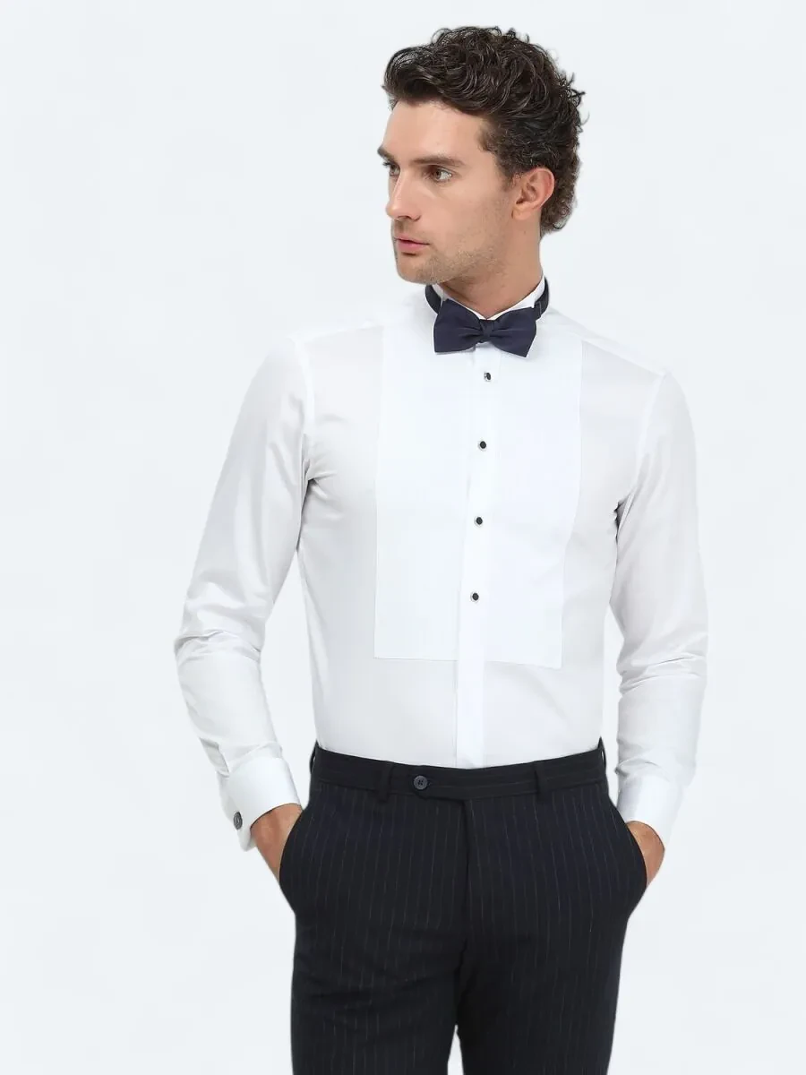 White Plain Slim Fit Double Cuff Wing Collar Tuxedo Shirts - 2