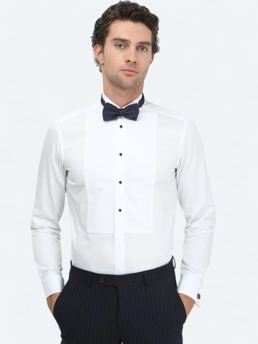 White Plain Slim Fit Double Cuff Wing Collar Tuxedo Shirts - 3