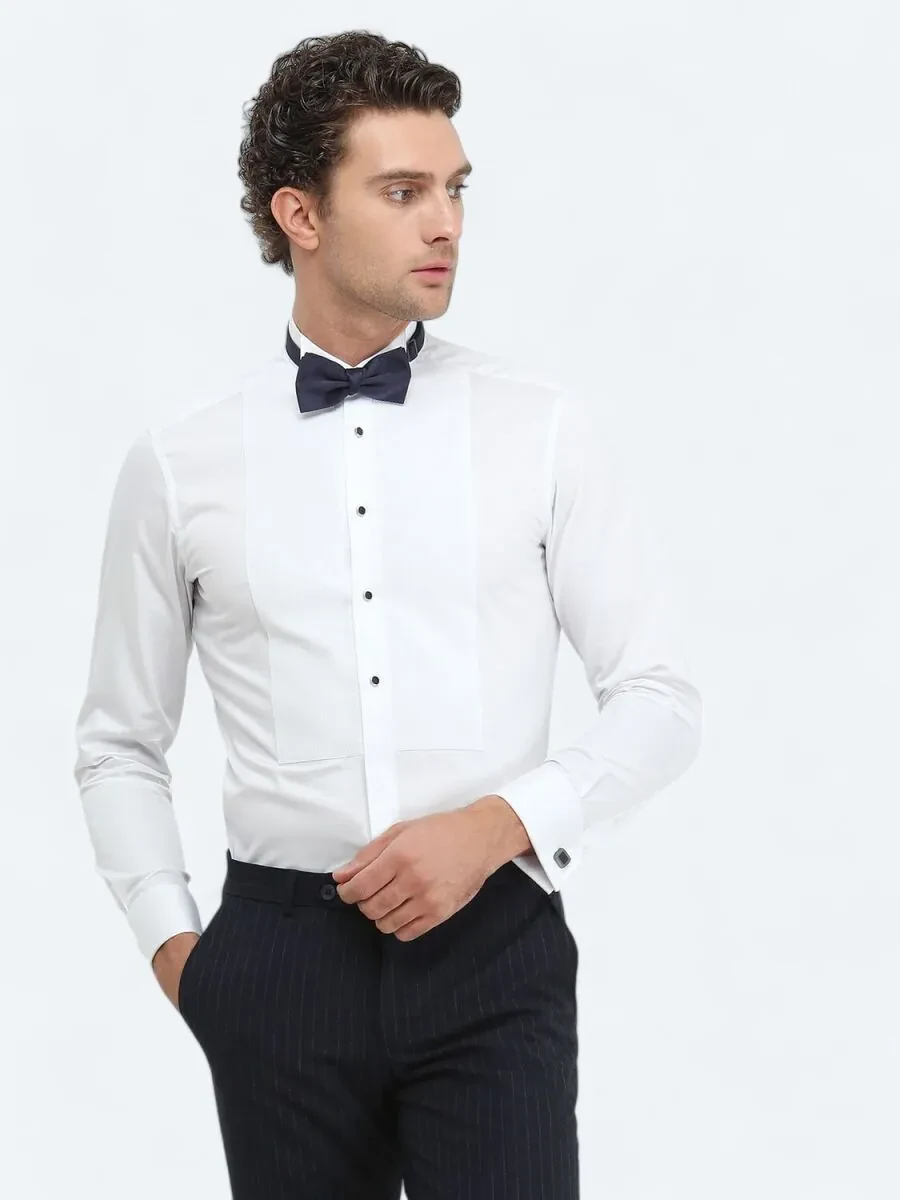 White Plain Slim Fit Double Cuff Wing Collar Tuxedo Shirts - 4