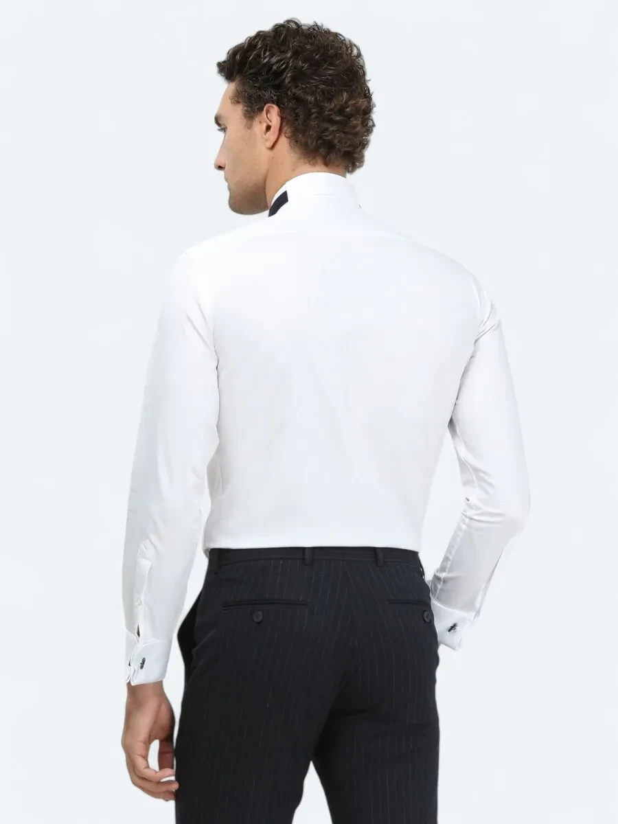 White Plain Slim Fit Double Cuff Wing Collar Tuxedo Shirts - 5