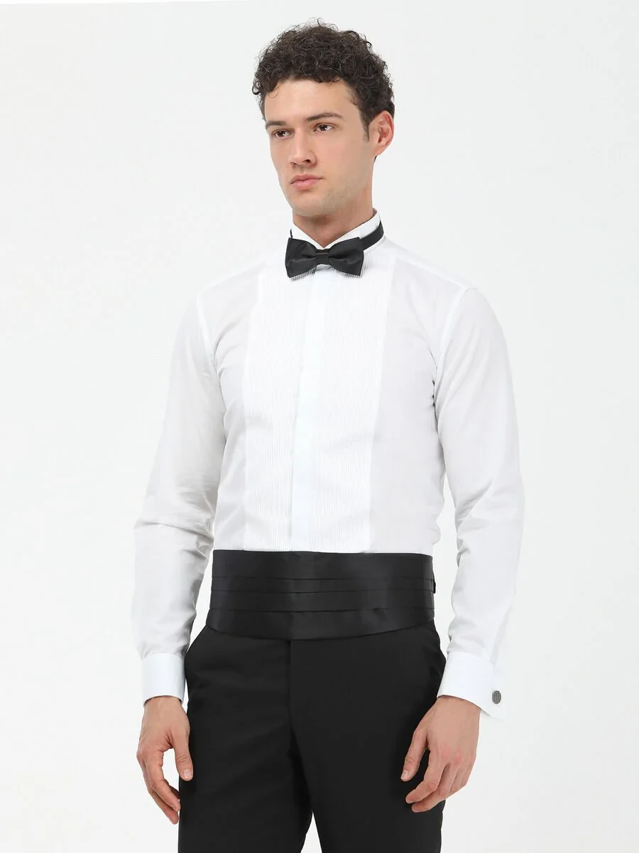 White Plain Slim Fit Double Cuff Wing Collar Tuxedo Shirts - 2