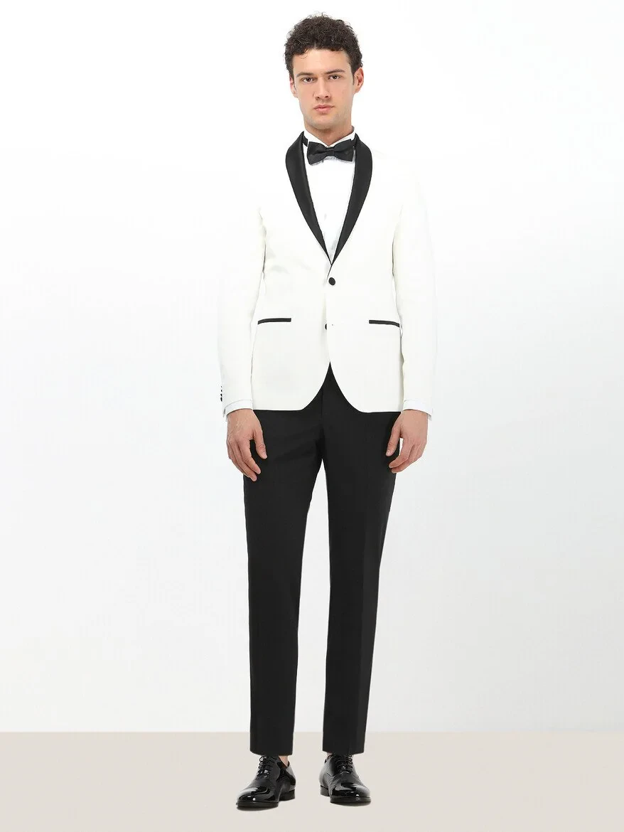 White Plain Slim Fit Double Cuff Wing Collar Tuxedo Shirts - 3