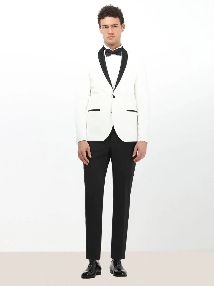 White Plain Slim Fit Double Cuff Wing Collar Tuxedo Shirts - 3