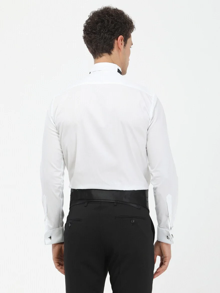 White Plain Slim Fit Double Cuff Wing Collar Tuxedo Shirts - 5