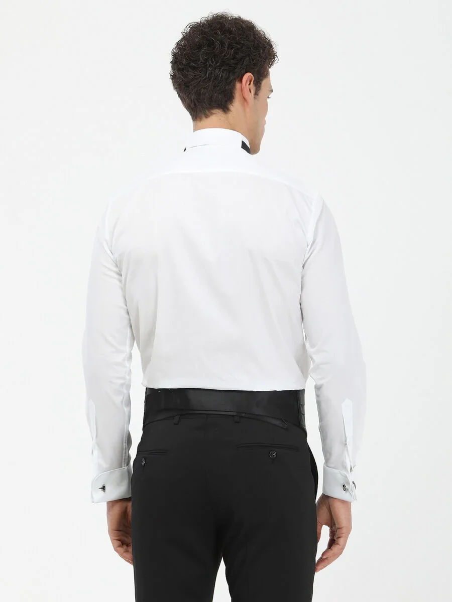 White Plain Slim Fit Double Cuff Wing Collar Tuxedo Shirts - 5