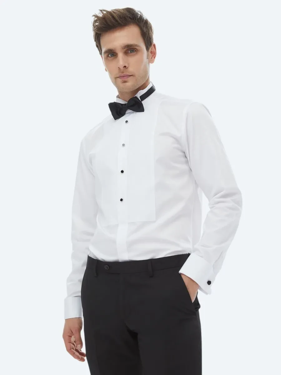White Plain Slim Fit Double Cuff Wing Collar Tuxedo Shirts - 1