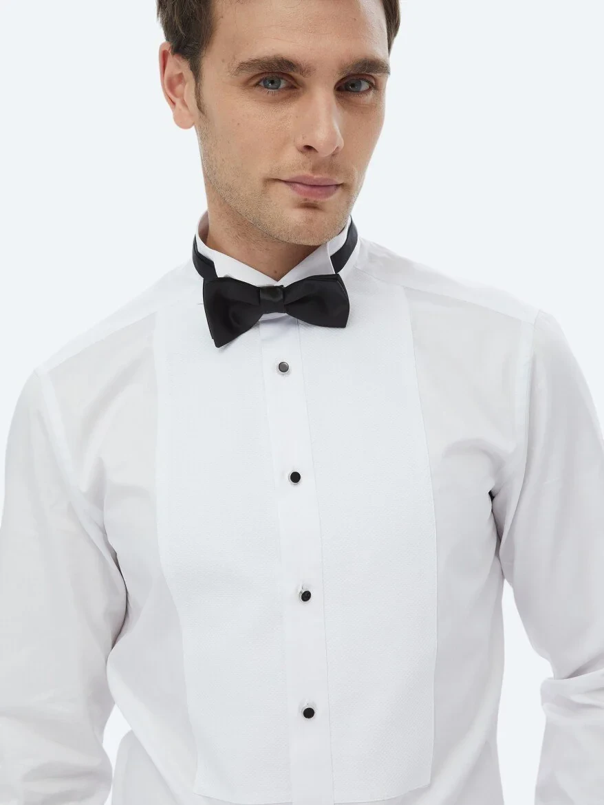 White Plain Slim Fit Double Cuff Wing Collar Tuxedo Shirts - 2