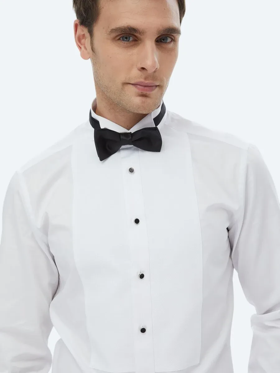 White Plain Slim Fit Double Cuff Wing Collar Tuxedo Shirts - 2