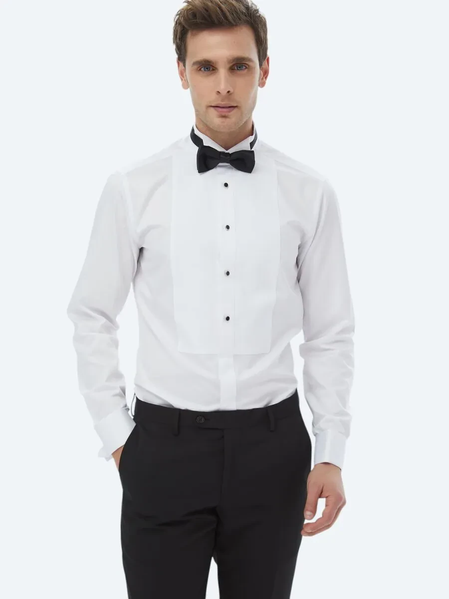 White Plain Slim Fit Double Cuff Wing Collar Tuxedo Shirts - 3