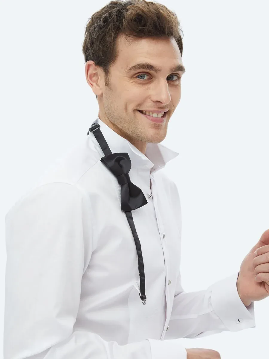 White Plain Slim Fit Double Cuff Wing Collar Tuxedo Shirts - 4