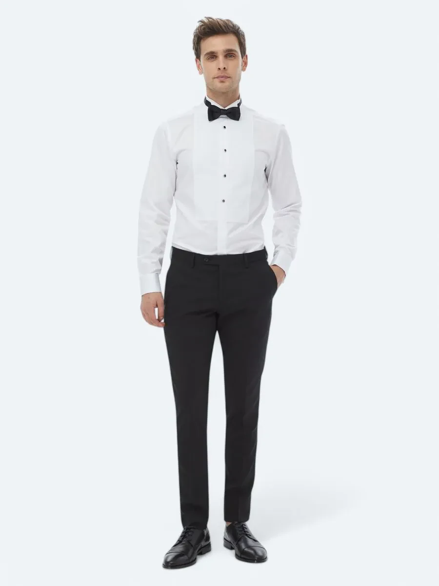 White Plain Slim Fit Double Cuff Wing Collar Tuxedo Shirts - 5