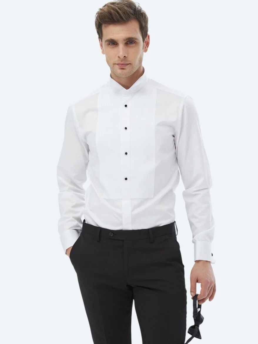 White Plain Slim Fit Double Cuff Wing Collar Tuxedo Shirts - 6