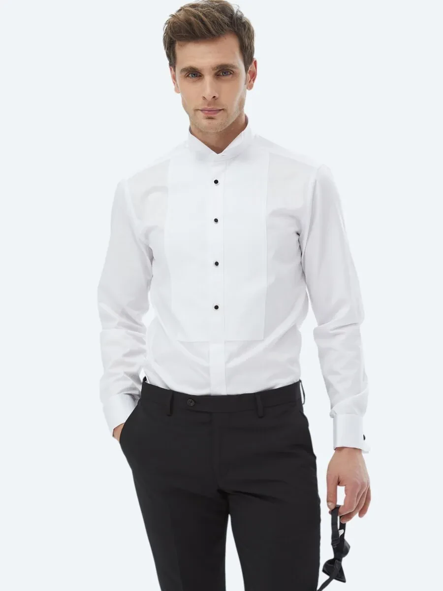 White Plain Slim Fit Double Cuff Wing Collar Tuxedo Shirts - 6