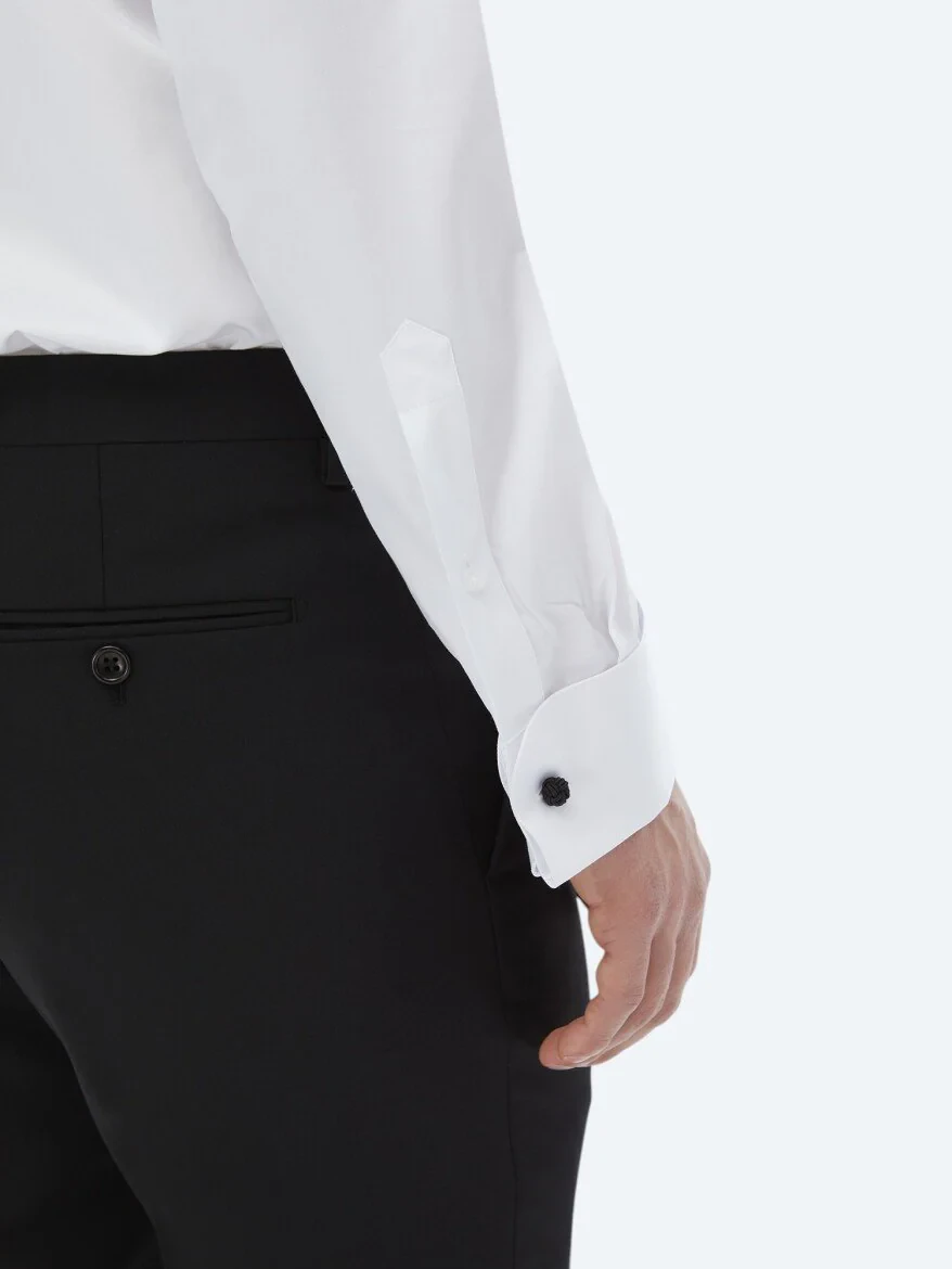 White Plain Slim Fit Double Cuff Wing Collar Tuxedo Shirts - 7