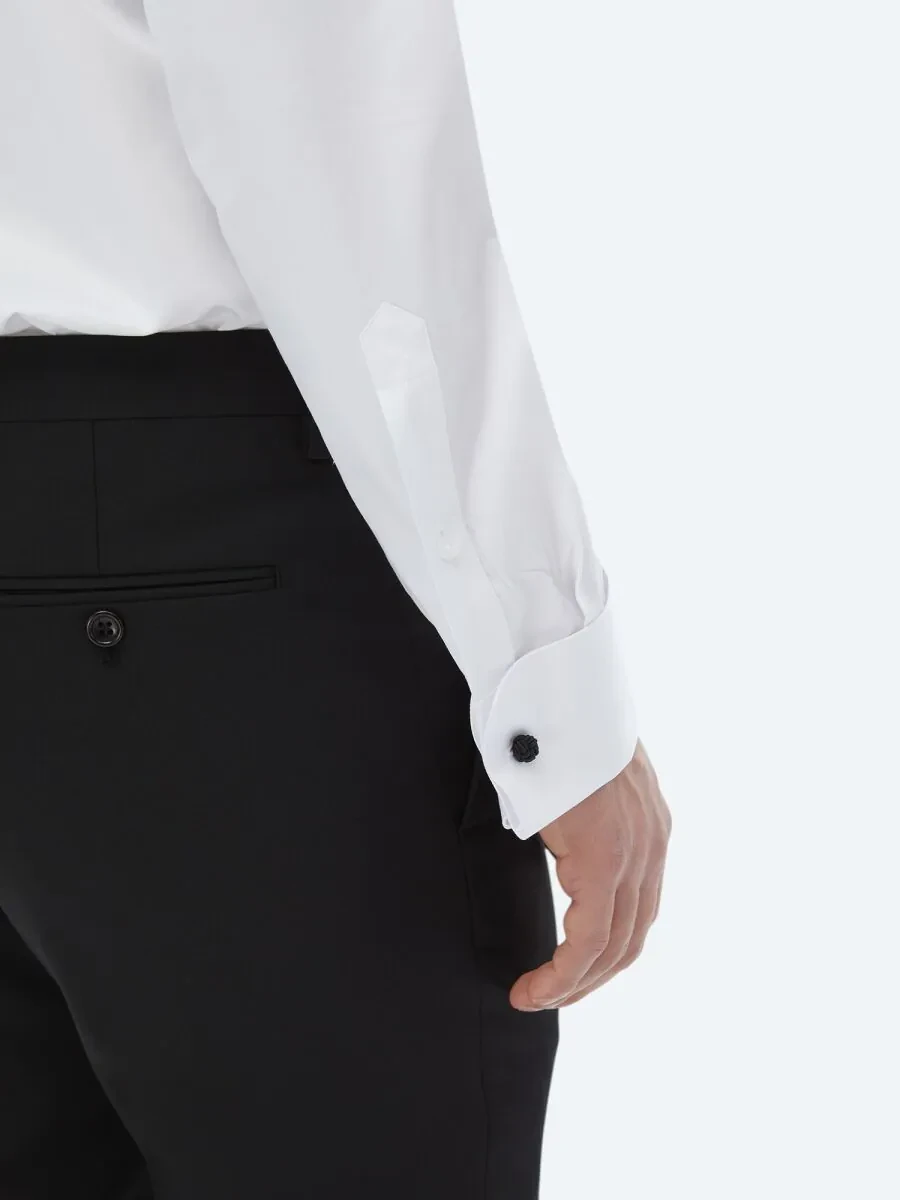 White Plain Slim Fit Double Cuff Wing Collar Tuxedo Shirts - 7
