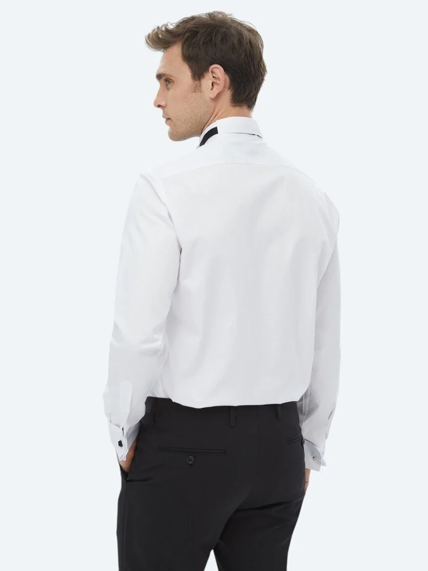 White Plain Slim Fit Double Cuff Wing Collar Tuxedo Shirts - 8