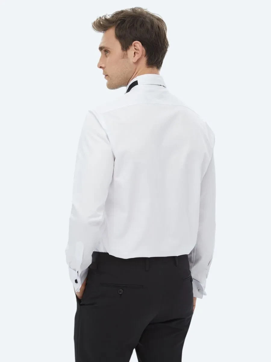 White Plain Slim Fit Double Cuff Wing Collar Tuxedo Shirts - 8