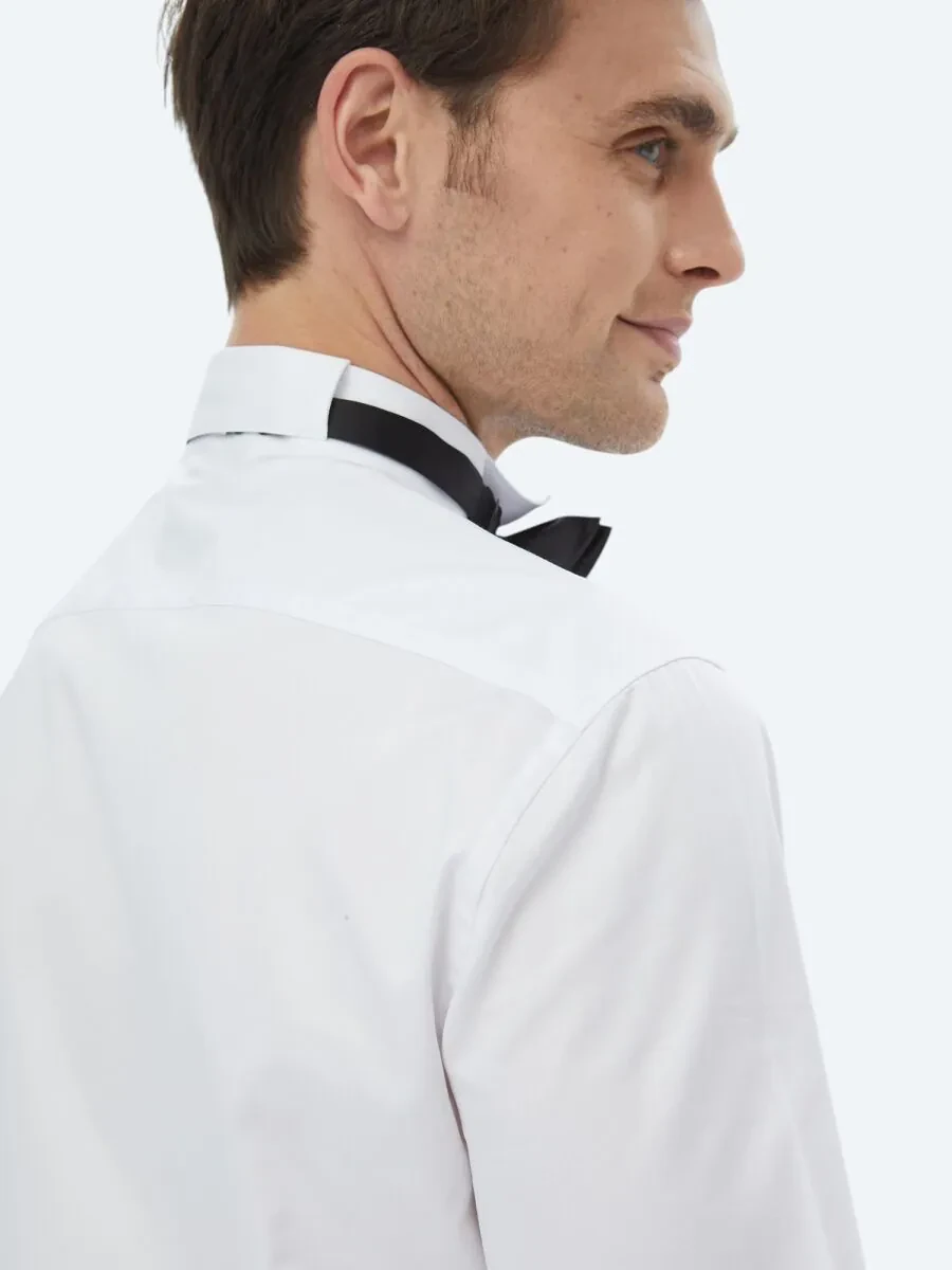 White Plain Slim Fit Double Cuff Wing Collar Tuxedo Shirts - 9