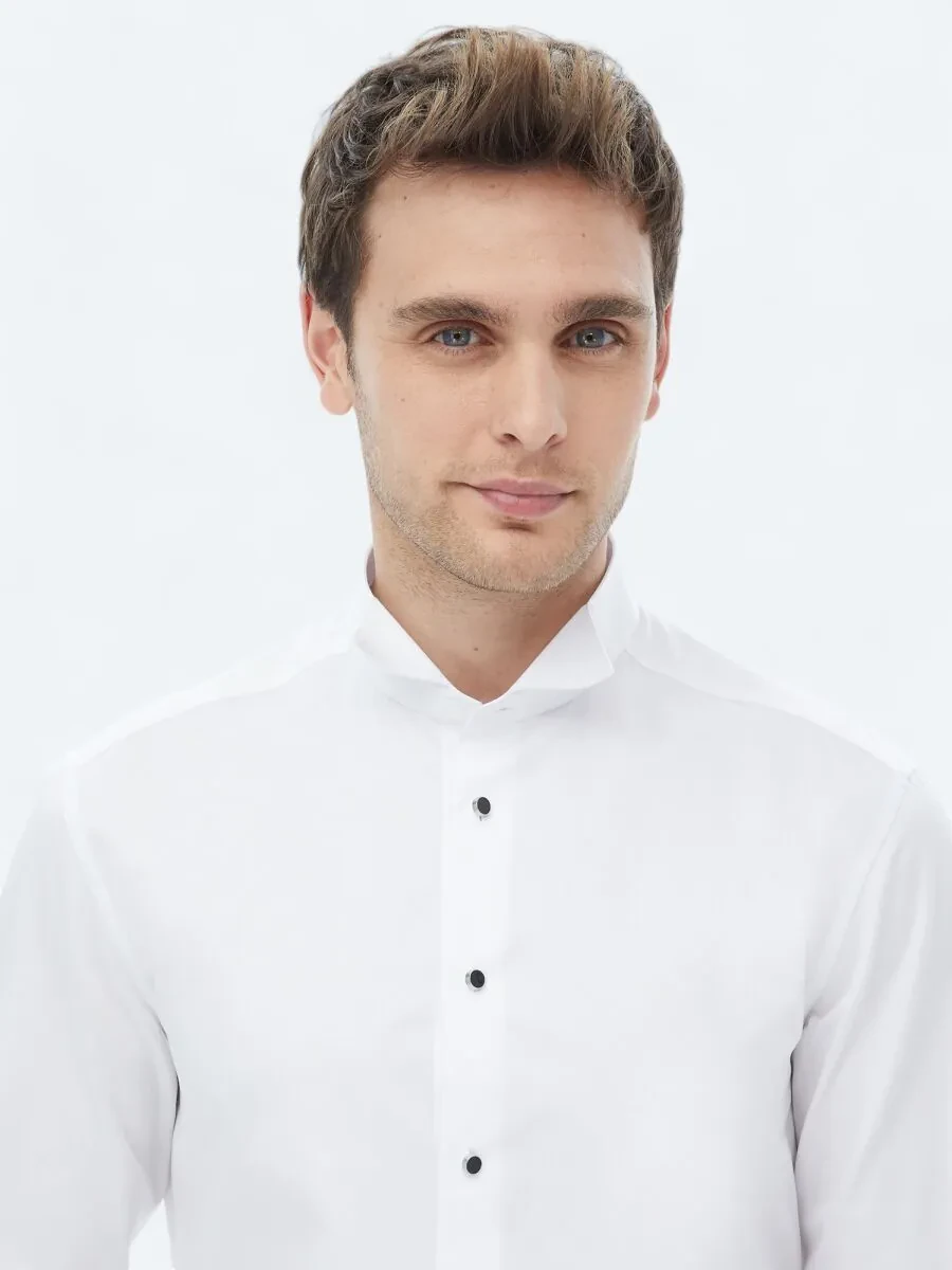 White Plain Slim Fit Double Cuff Wing Collar Tuxedo Shirts - 1