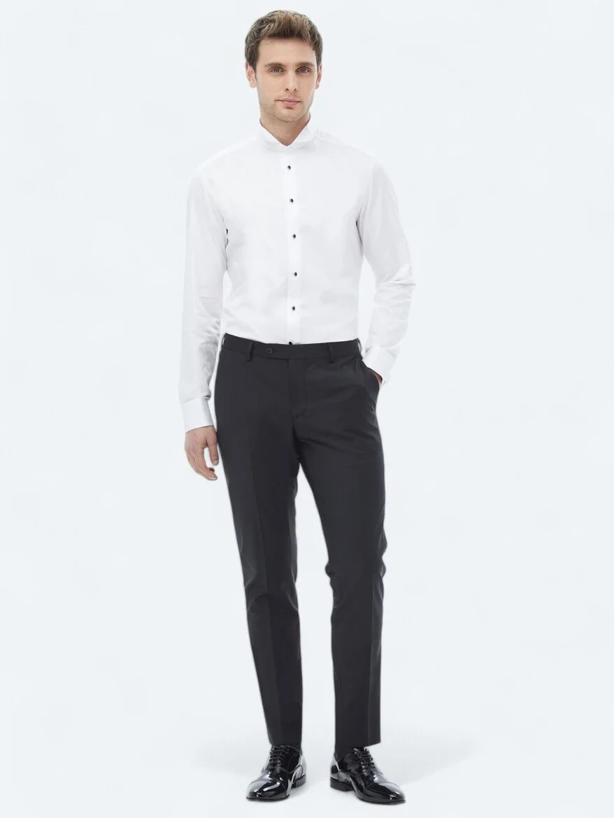 White Plain Slim Fit Double Cuff Wing Collar Tuxedo Shirts - 3