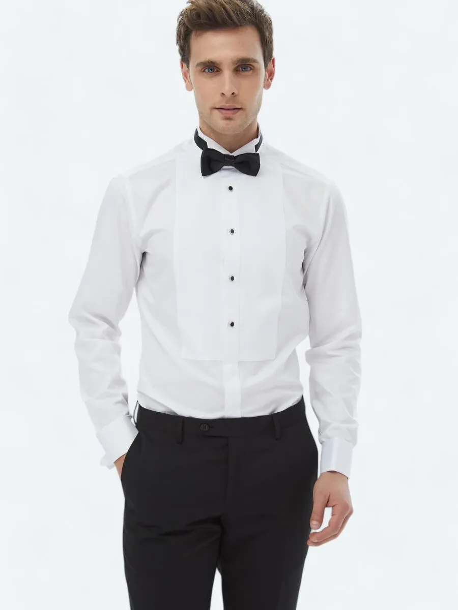 White Plain Slim Fit Double Cuff Wing Collar Tuxedo Shirts - 2
