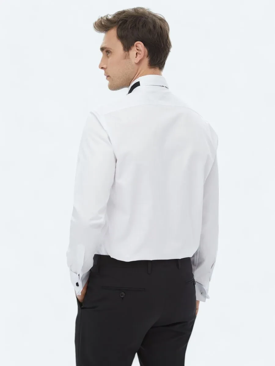 White Plain Slim Fit Double Cuff Wing Collar Tuxedo Shirts - 7