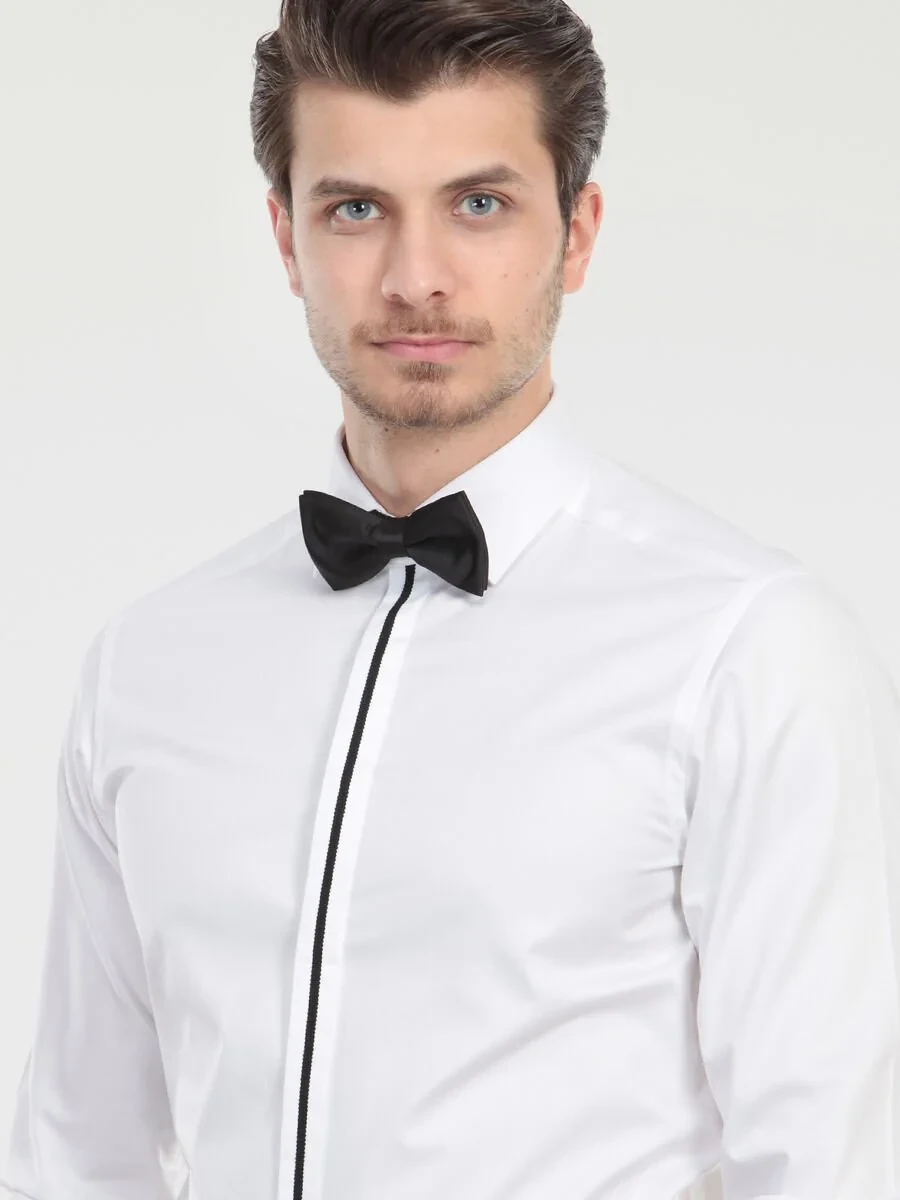 White Plain Slim Fit Flat Cuff Classic Collar Tuxedo Shirts - 1