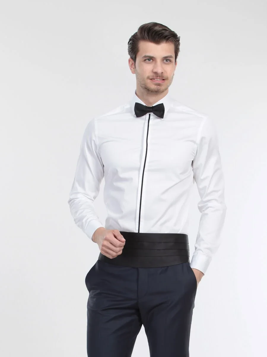 White Plain Slim Fit Flat Cuff Classic Collar Tuxedo Shirts - 2