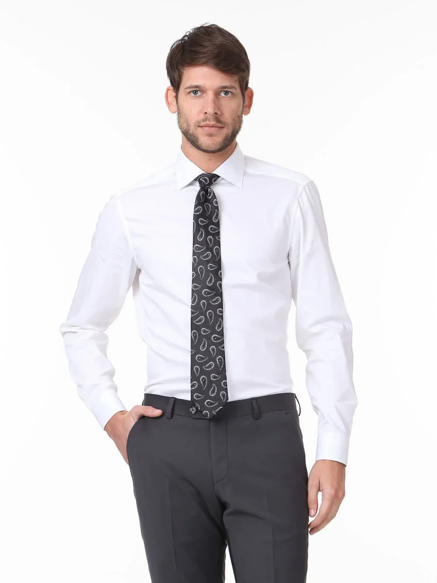 White Plain Slim Fit Weaving Classical 100% Cotton Shirt - 1