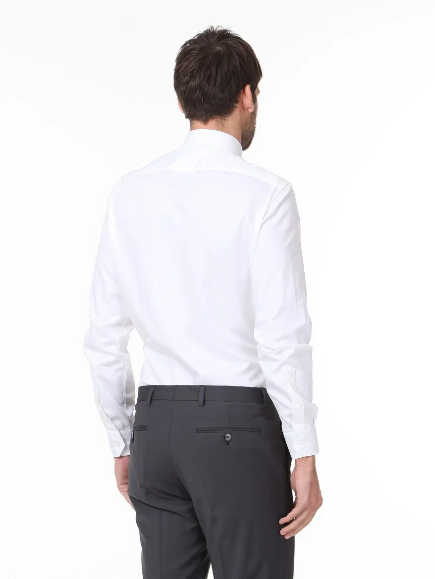 White Plain Slim Fit Weaving Classical 100% Cotton Shirt - 4