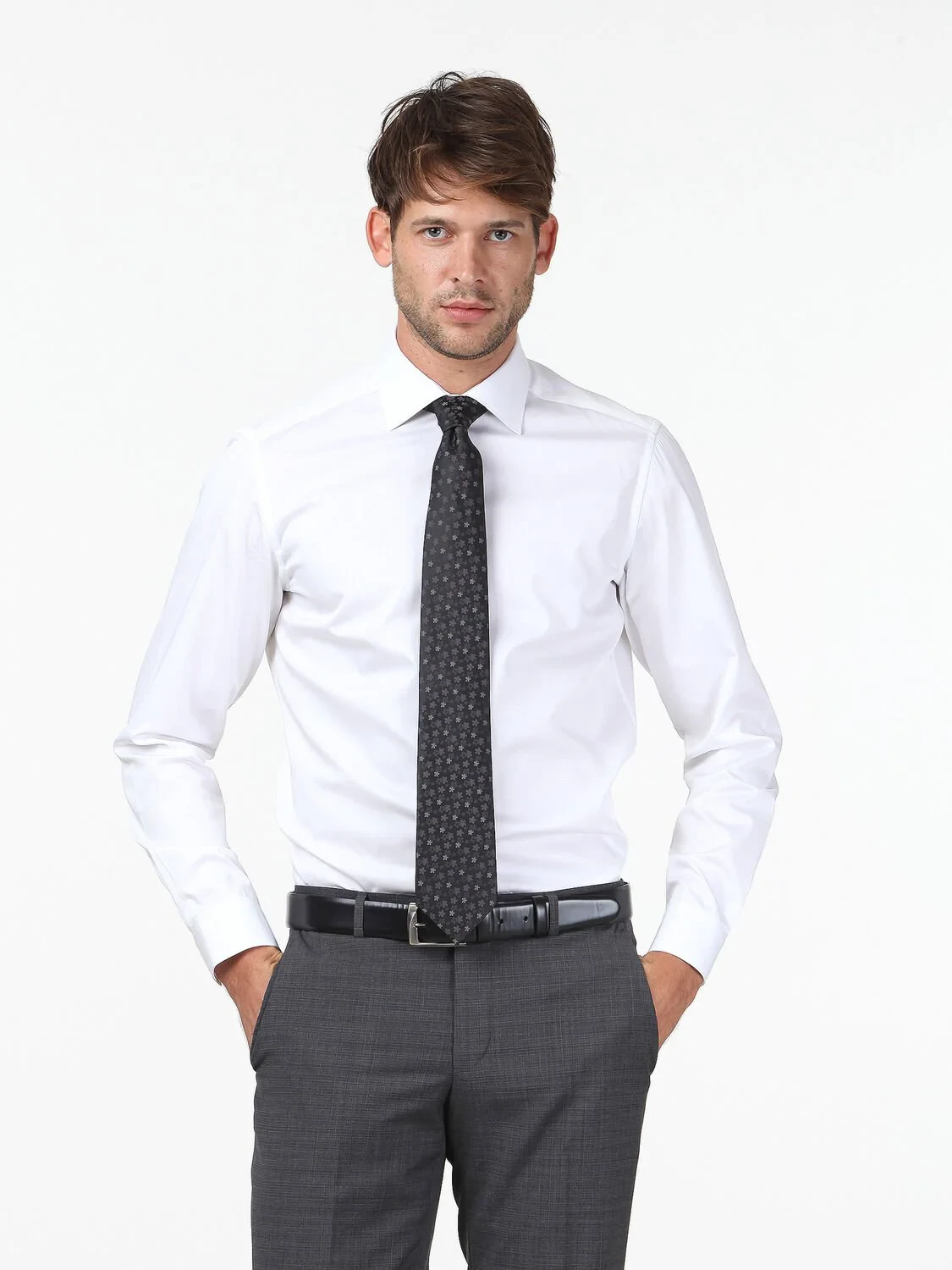 White Plain Slim Fit Weaving Classical 100% Cotton Shirt - 1