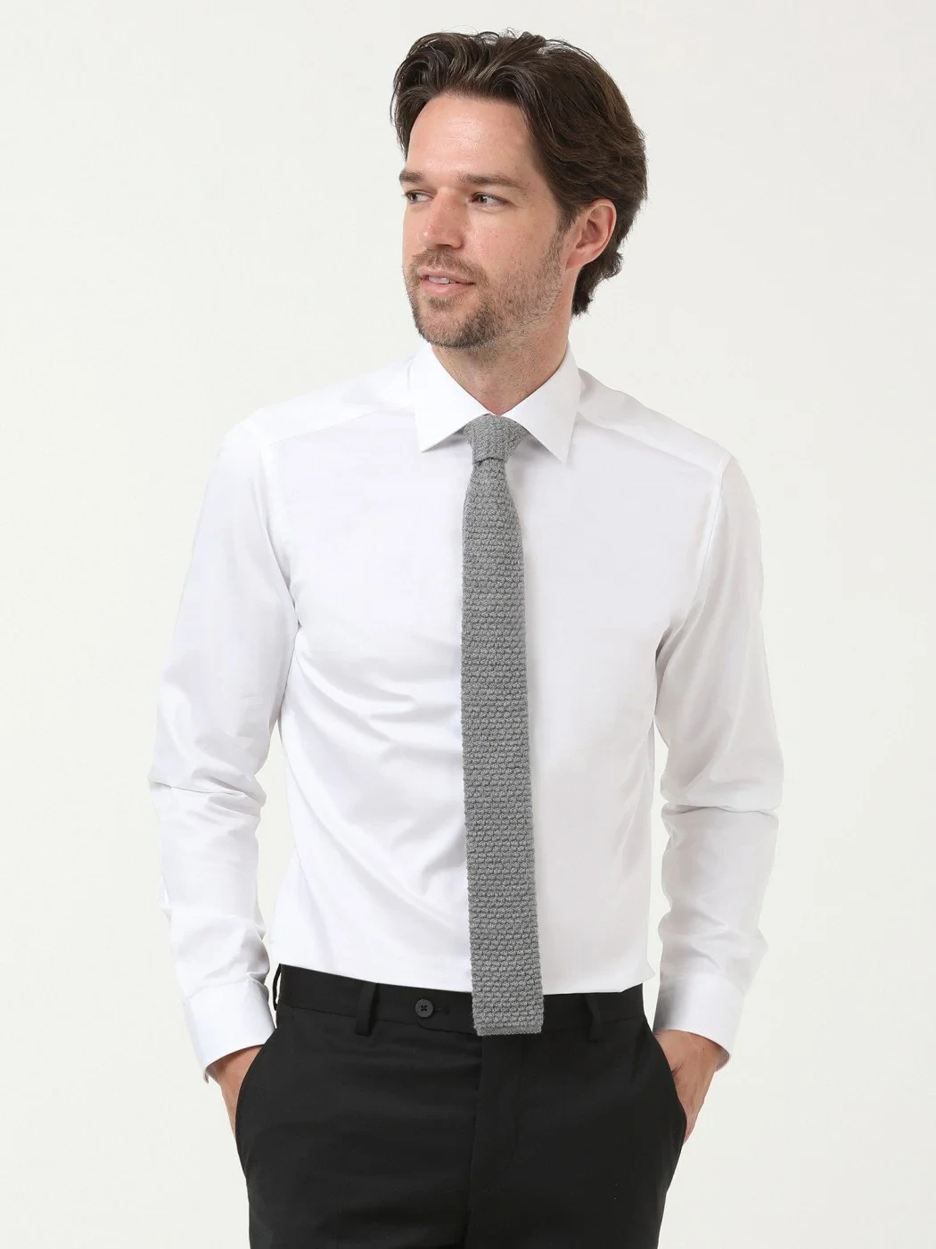 White Plain Slim Fit Weaving Classical 100% Cotton Shirt - 3