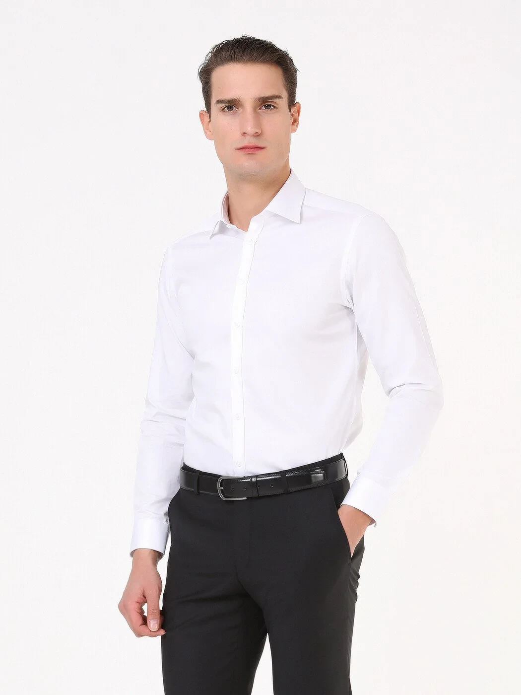 White Plain Slim Fit Weaving Classical 100% Cotton Shirt - 1