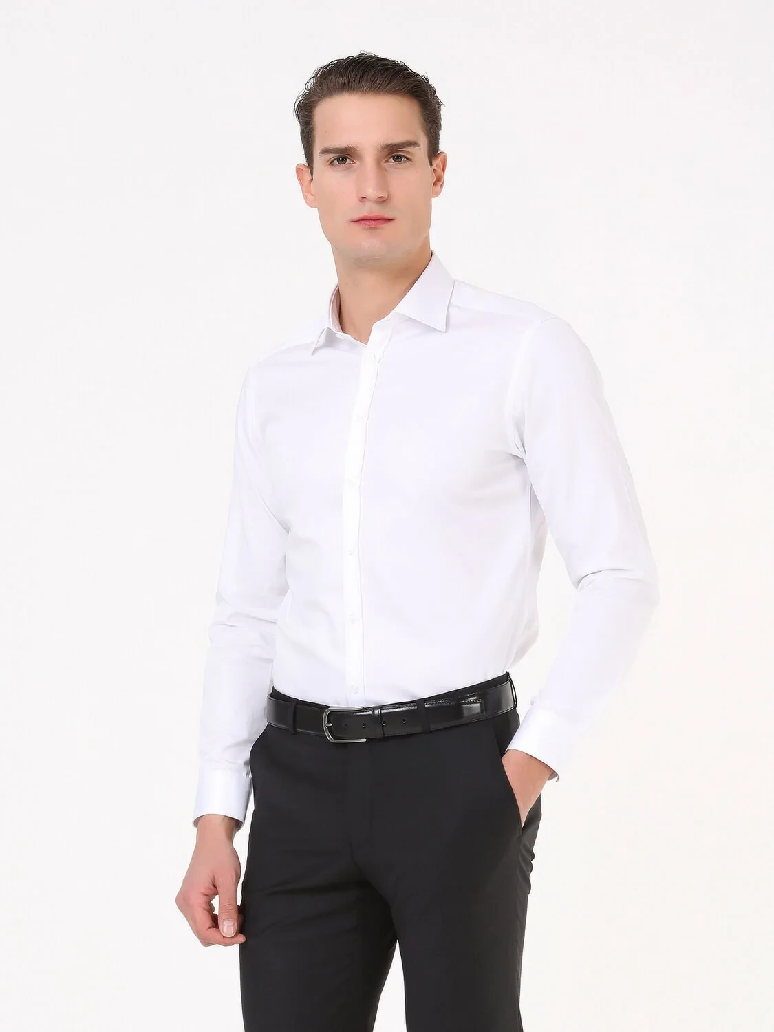 White Plain Slim Fit Weaving Classical 100% Cotton Shirt - 1