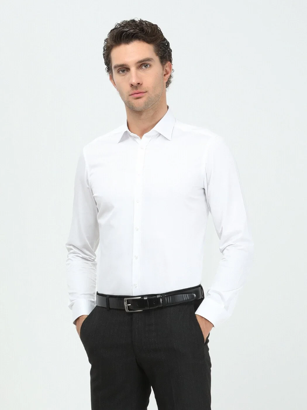 White Plain Slim Fit Weaving Classical 100% Cotton Shirt - 1