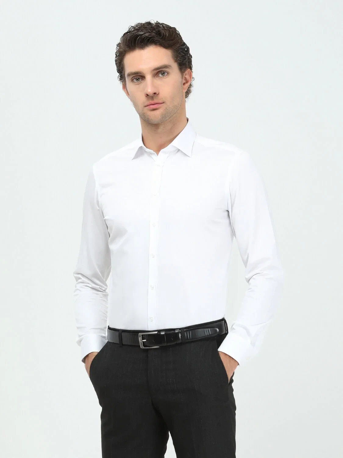 White Plain Slim Fit Weaving Classical 100% Cotton Shirt - 1