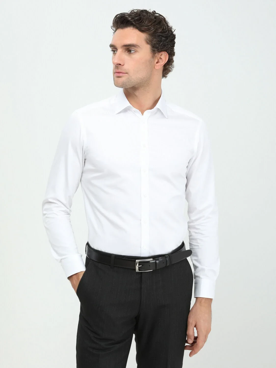 White Plain Slim Fit Weaving Classical 100% Cotton Shirt - 2