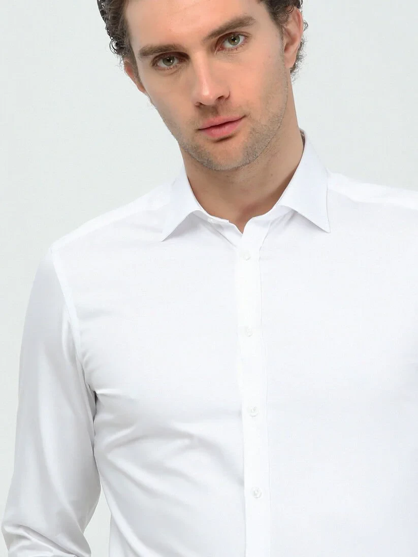 White Plain Slim Fit Weaving Classical 100% Cotton Shirt - 3