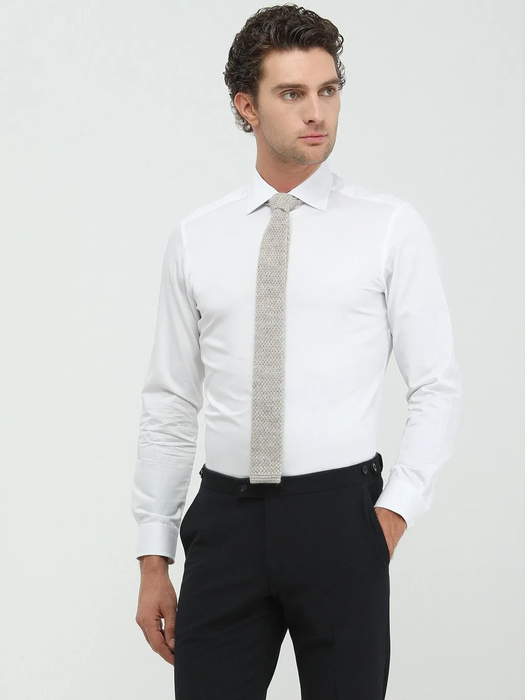 White Plain Slim Fit Weaving Classical 100% Cotton Shirt - 1