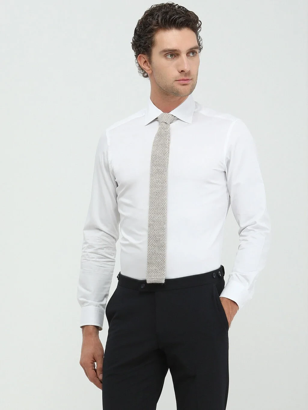 White Plain Slim Fit Weaving Classical 100% Cotton Shirt - 1
