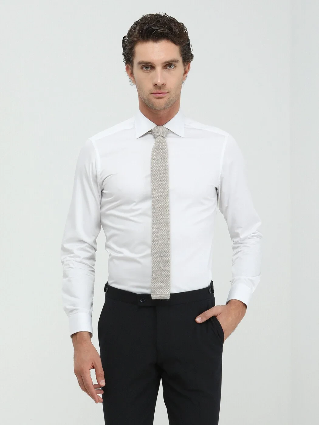 White Plain Slim Fit Weaving Classical 100% Cotton Shirt - 2
