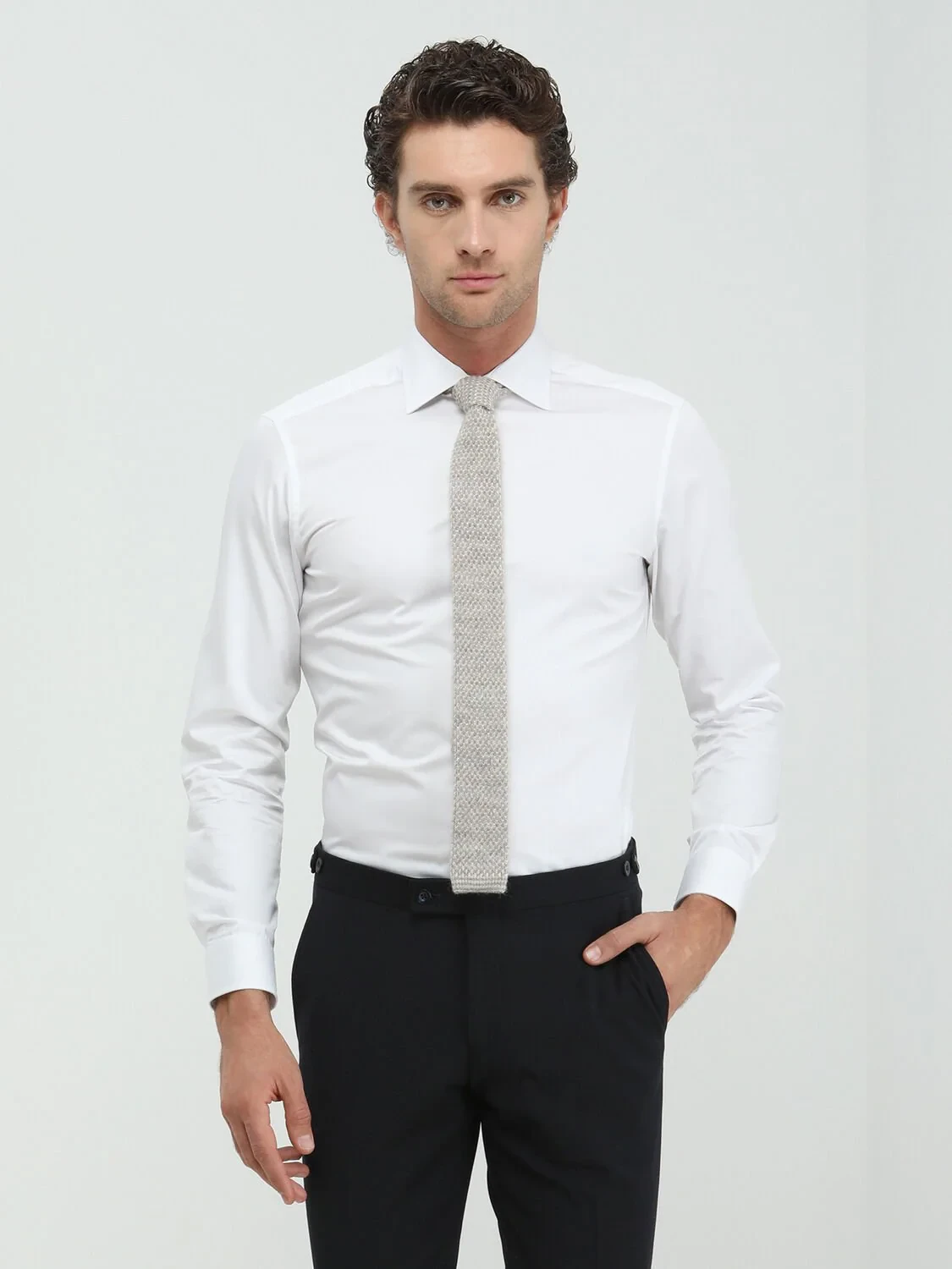 White Plain Slim Fit Weaving Classical 100% Cotton Shirt - 2