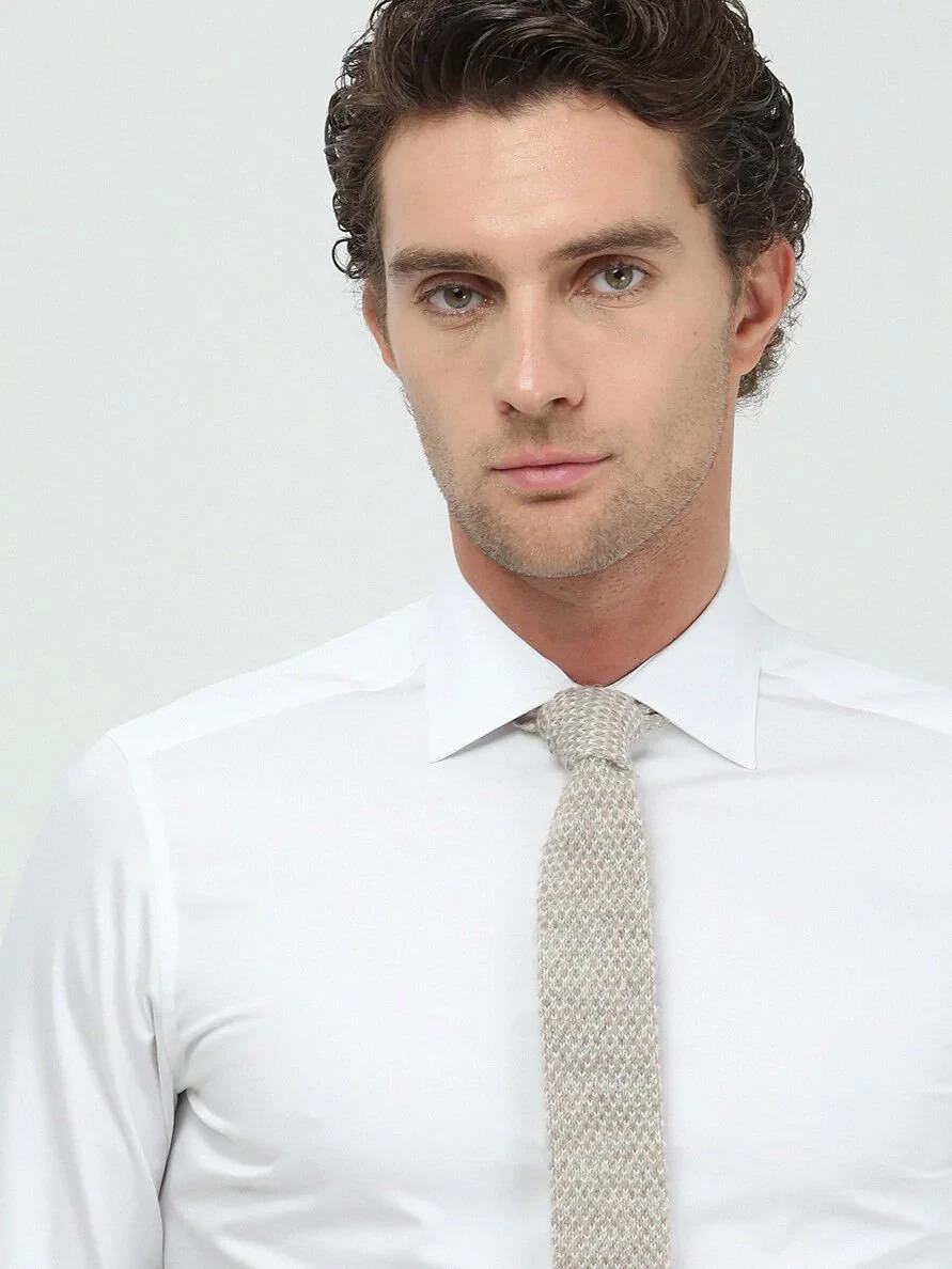 White Plain Slim Fit Weaving Classical 100% Cotton Shirt - 3