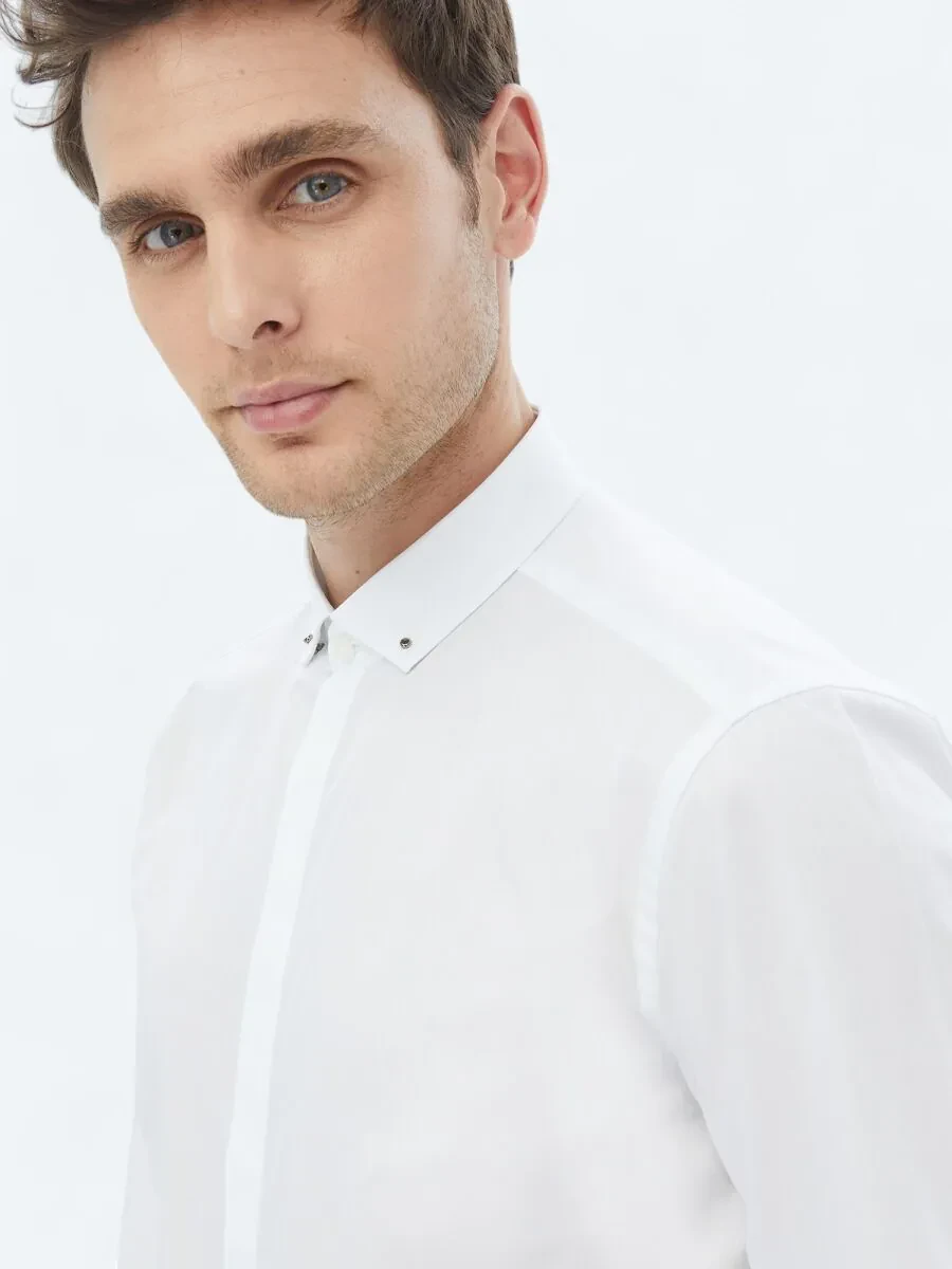 White Plain Slim Fit Weaving Classical 100% Cotton Shirt - 1