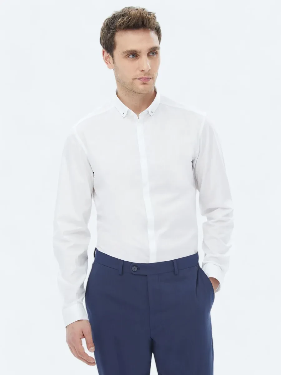 White Plain Slim Fit Weaving Classical 100% Cotton Shirt - 2