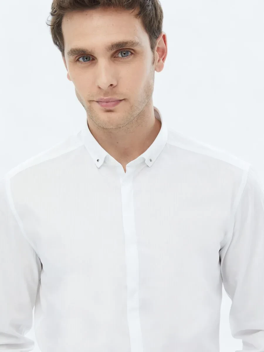 White Plain Slim Fit Weaving Classical 100% Cotton Shirt - 4