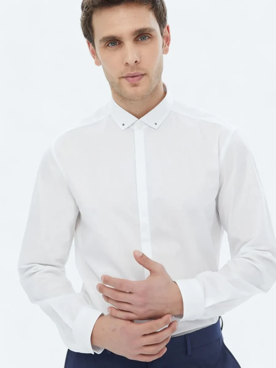 White Plain Slim Fit Weaving Classical 100% Cotton Shirt - 5